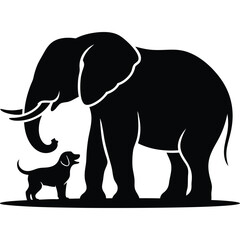 A Large Elephant Silhouette Stands Beside a Small Puppy Silhouette Illustrating Scale and Contrast in Nature and Companionship
