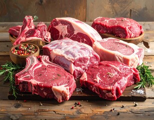 Fresh Raw Meats on Wooden Board High Quality Protein Selection for Gourmet Cooking