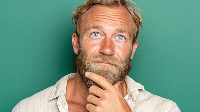 Man Thinking Hard with Hand on Chin and Looking Upward Thoughtfully