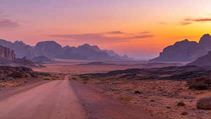 A road leading to the horizon, with mountains in the background, a desert landscape