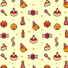 A seamless pattern of retro pixelated birthday icons. Creative digital assets for party projects with a nostalgic 8-bit vibe