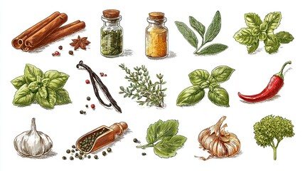 Hand drawn illustration of herbs and spices with basil garlic chili cinnamon thyme and seasoning bottles