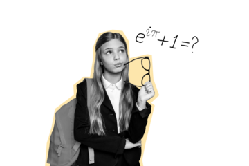 Composite photo collage of minded girl hold glasses think solution physics lesson formula education study isolated on painted background