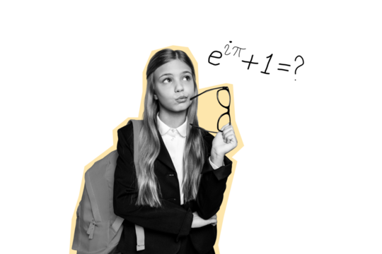 Composite photo collage of minded girl hold glasses think solution physics lesson formula education study isolated on painted background