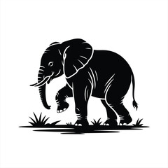 Majestic African Elephant Silhouette Walking Gracefully Through Tall Grass Vector Art