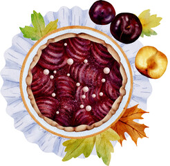Watercolor painting of a delicious pie with fresh apples, plums, pumpkin, cranberries, lingonberries and autumn leaves.