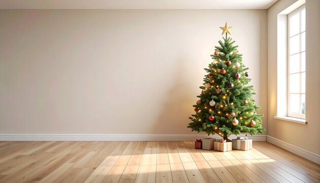Christmas tree with gifts in a minimalist empty room with rustic natural wood floors and sunlight from a window