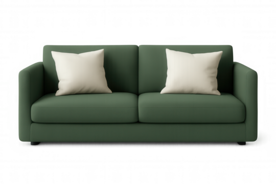 Modern green sofa with two white pillows isolated on transparent background, perfect for interior design projects - Powered by Adobe