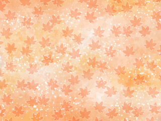 モミジの紅葉イメージの背景素材。水彩風テクスチャー。葉っぱのシルエット。やさしい色調。光の粒子や水滴の輝き。