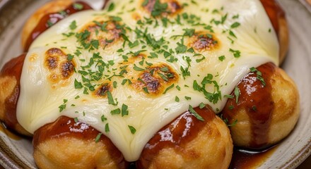 Delicious Takoyaki with melted cheese and drizzled sauce served on a ceramic plate