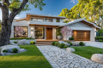 Naklejka premium a modern home in perth with a large front yard and grey accents, a white gate, green grass, and a blue sky