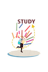 Creative collage of funny girl chalk drawing excited school day shopping kids education concept bizarre unusual fantasy billboard comics