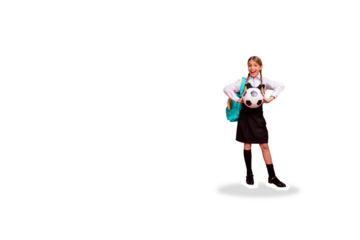 Composite photo collage of excited girl hold football ball physical training school subject sport match isolated on painted background