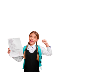 Composite photo collage of happy cute schoolgirl show paper sheet excellent mark exam best pupil education isolated on painted background