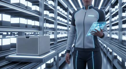 Person interacting with digital interface controlling an automated warehouse system with tablet. Futuristic logistics and smart factory concept