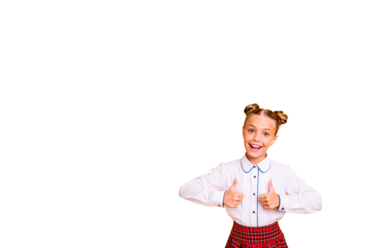 Composite photo collage of happy schoolgirl show hands like thumb up gesture back education study recommend isolated on painted background - Powered by Adobe