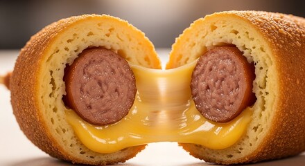 Golden fried cheesy corn dog cut in half, revealing a juicy sausage center with a delicious stream of gooey melted cheddar cheese
