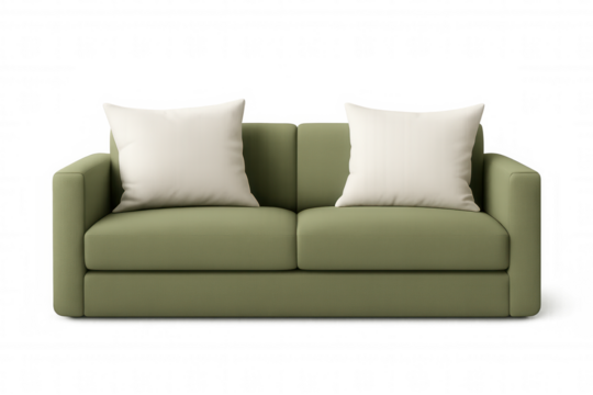 Green sofa with two white pillows isolated on transparent background, perfect for interior design projects