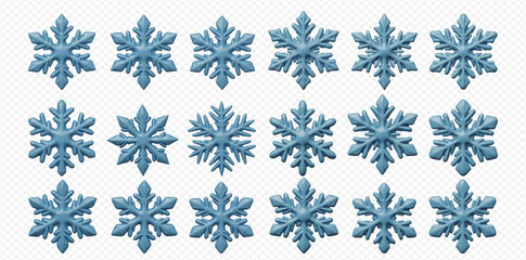 Eighteen blue three-dimensional snowflakes with diverse intricate designs displayed on a clear background.