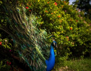 Obraz premium Peacock displaying vibrant plumage in a garden setting