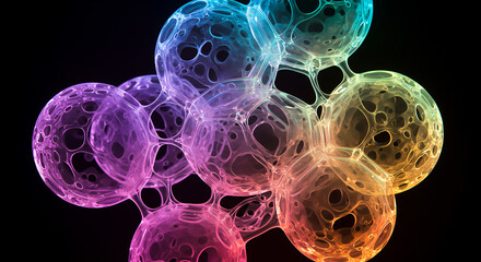 Abstract vibrant glowing cellular structures with interconnected organic shapes and a rainbow color spectrum against a dark background