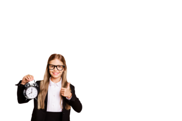 Composite photo collage of happy schoolgirl hold alarm clock regime education knowledge punctuality isolated on painted background