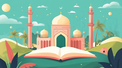 Mosque, Quran, Paradise: A Peaceful Islamic Illustration