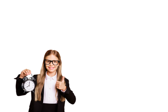 Composite photo collage of happy schoolgirl hold alarm clock regime education knowledge punctuality isolated on painted background