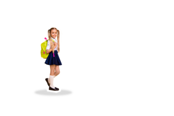 Composite photo collage of happy blonde schoolgirl walk study carry backpack education concept isolated on painted background