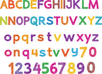Colorful doodle alphabet and numbers vector set, hand drawn letters, playful typography design, cartoon style font, educational illustration