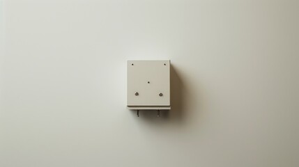 A white electrical box mounted on a white wall with two small holes.