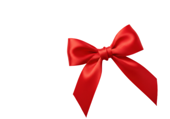 Vibrant red satin bow with defined loops and flowing tails, resting on a pristine seamless matte white background, ample negative space. Concept of premium gifting and celebration