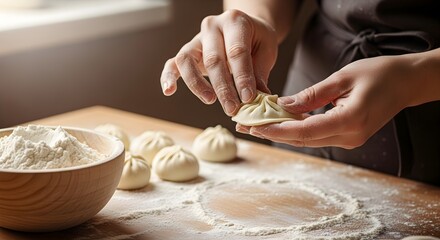 A person's hands expertly shape fresh dumplings on a wooden surface with flour nearby. 