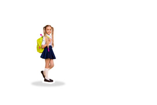 Composite photo collage of happy blonde schoolgirl walk study carry backpack education concept isolated on painted background