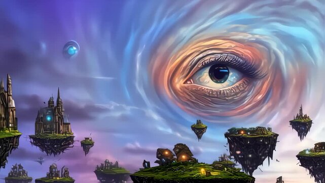 Floating cities, giant eye, surreal sky