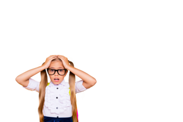 Composite photo collage of panic scared blonde schoolgirl hold head forget education lesson supplies isolated on painted background