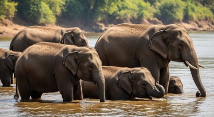 Obraz premium Asian elephants bathing in river