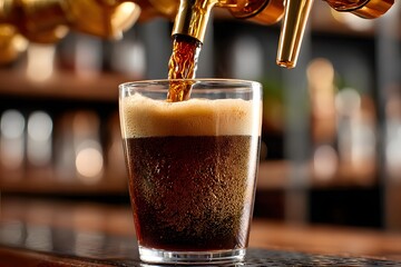 Fresh stout beer poured from golden tap, dark porter ale glass with frothy foam head, pub bar atmosphere background lights and bubbles detail