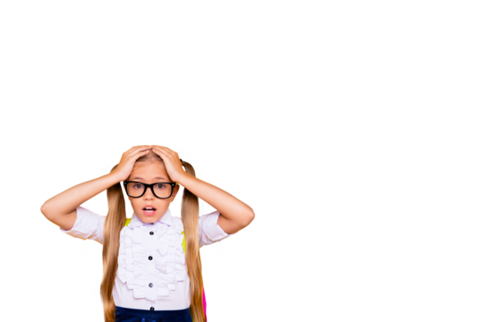 Composite photo collage of panic scared blonde schoolgirl hold head forget education lesson supplies isolated on painted background