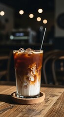 Iced Coffee Delight - A Refreshing Beverage on a Wooden Table.
