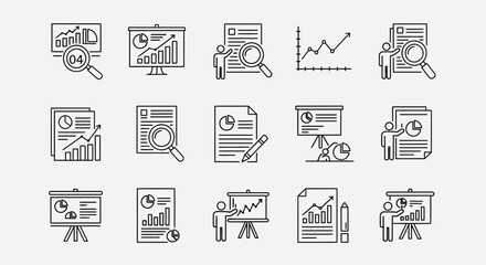 Vector Icons Set of Business analysis and presentation thin line icon set Data visualization financial report and marketing strategy symbols. EPS Editable
