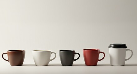 Five mugs are lined up in a row The colors are brown white grey red and the last mug has a lid