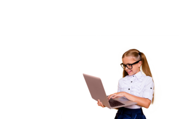 Composite photo collage of happy blonde girl surf macbook device elearn concept online education remote isolated on painted background