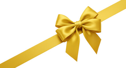 Fototapeta premium A single, elegant golden satin ribbon bow, perfectly formed with flowing loops and long tails, meticulously tied diagonally on a pristine transparent background, flat lay concept of premium gift and