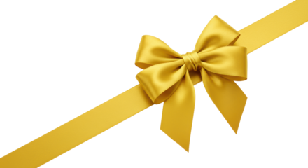 A single, elegant golden satin ribbon bow, perfectly formed with flowing loops and long tails, meticulously tied diagonally on a pristine transparent background, flat lay concept of premium gift and