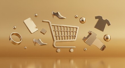 Gold objects shopping cart shoes phone shirt ring tools spheres float on a golden background