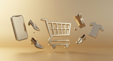 Gold ecommerce composition of shopping cart phone shoes and apparel on gold background