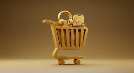 Gold shopping cart with headphones  shoe set on a matching gold gradient background