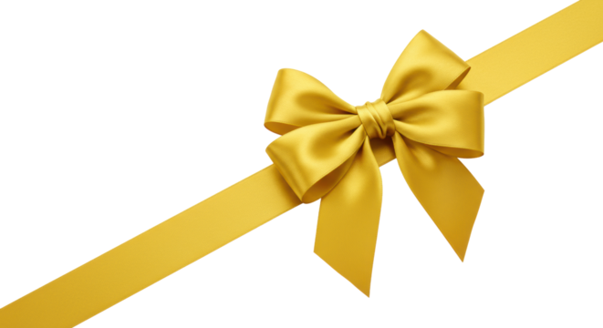 A single, elegant golden satin ribbon bow, perfectly formed with flowing loops and long tails, meticulously tied diagonally on a pristine transparent background, flat lay concept of premium gift and