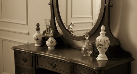 Ornate vanity with antique perfume bottles and an oval mirror set against a wall panel